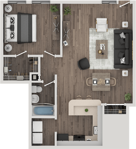 Floor plan for 1 bed, 1 bath, 670 sqft